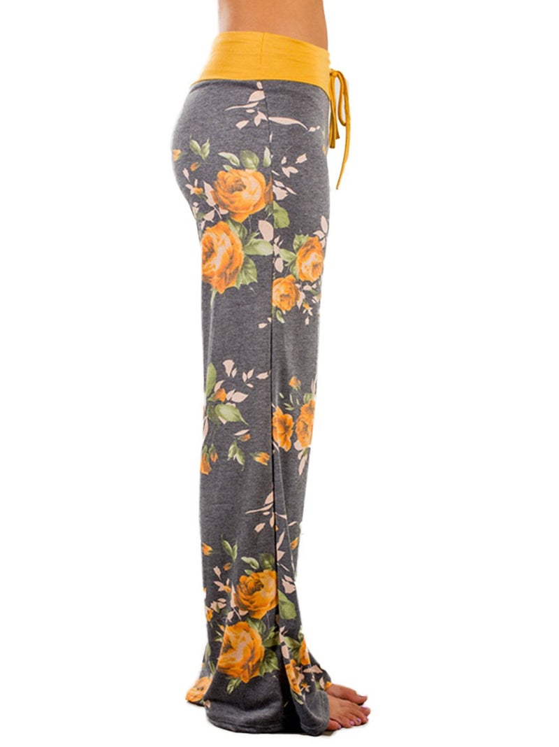 iChunhua Women's Comfy Stretch Floral Print Drawstring Palazzo Wide Leg Lounge Pants(L,Yellow) - Image 2